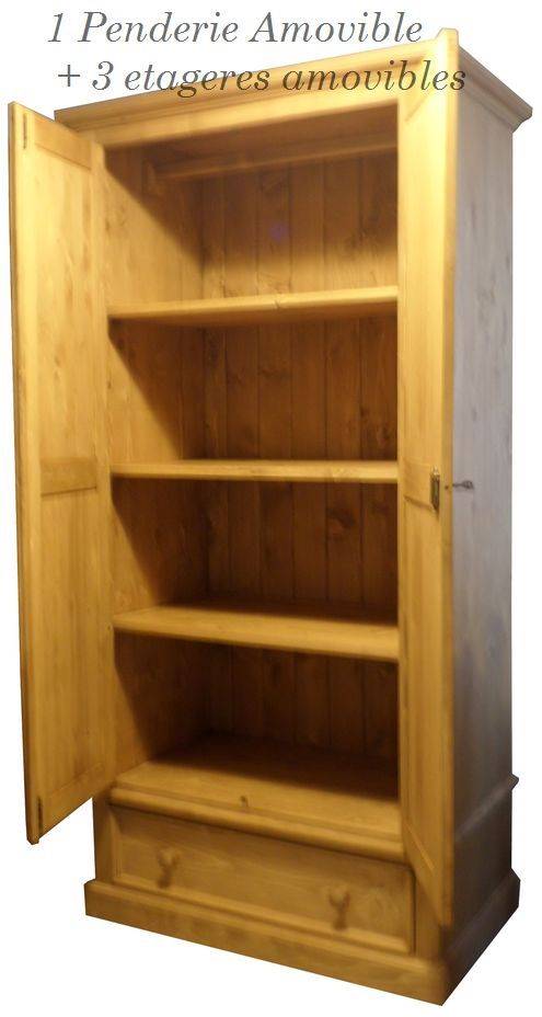 Armoire penderie avec 4 portes et 2 tiroirs en pin massif Rivoli