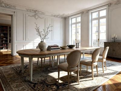 Table ronde en bois de chêne   Extensible : 20 personnes  |7 Rallonges